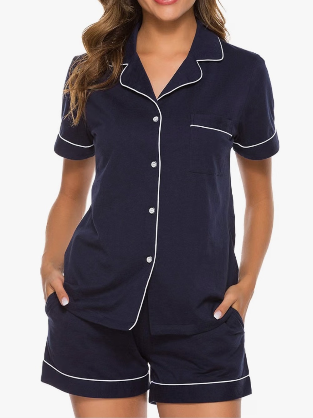 Women's Navy Short Sleeve Pajama Set with White Piping Trending Size Large